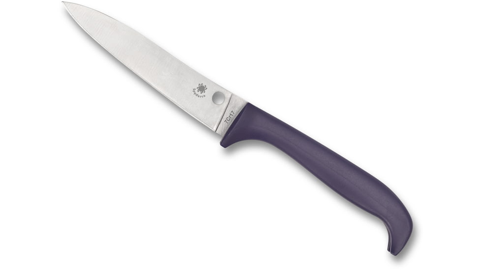 Spyderco Counter Puppy Kitchen Knife, 3.48in, 7CR17 Stainless Steel, Satin Leaf Blade, Plastic, Purple Handle, K20PPR
