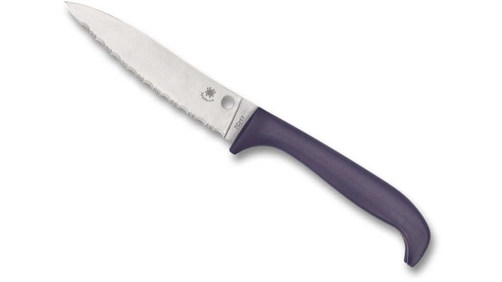Spyderco Counter Puppy Kitchen Knife, 3.48in, 7CR17 Stainless Steel, Satin Leaf Blade, Plastic, Purple Handle, K20SPR