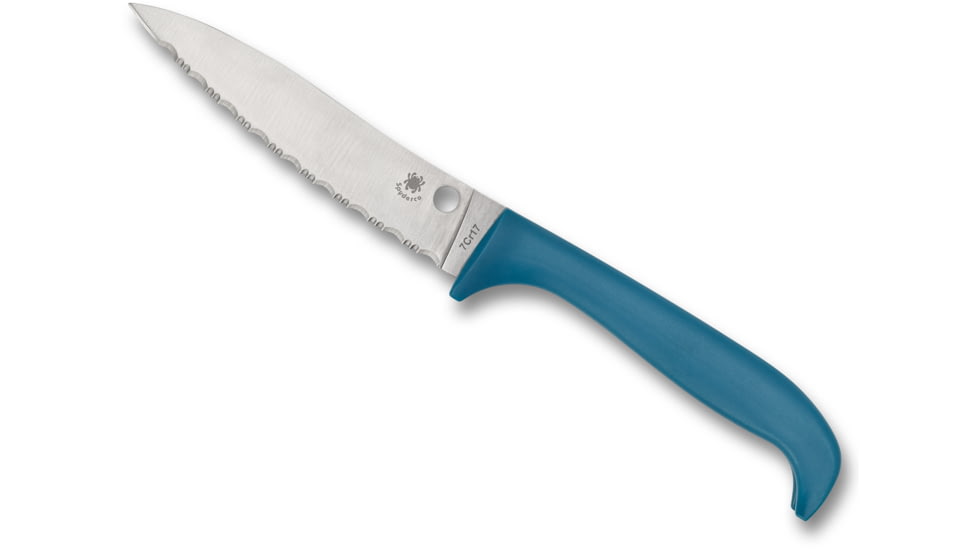 Spyderco Counter Puppy Kitchen Knife, 3.48in, 7CR17 Stainless Steel, Satin Serrated Leaf Blade, Plastic Blue Handle, K20SBL