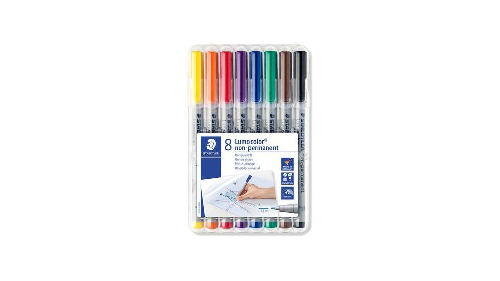 Staedtler Lumocolor Non-Permanent F Width Pen Pack - 8 Colors w/ Stand-Up Box - Yellow, Red, Blue, Orange, Green, Purple, Brown, Black ST 316 WP8