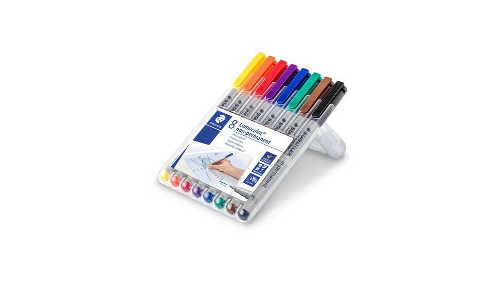 Staedtler Lumocolor Non-Permanent F Width Pen Pack - 8 Colors w/ Stand-Up Box - Yellow, Red, Blue, Orange, Green, Purple, Brown, Black ST 316 WP8