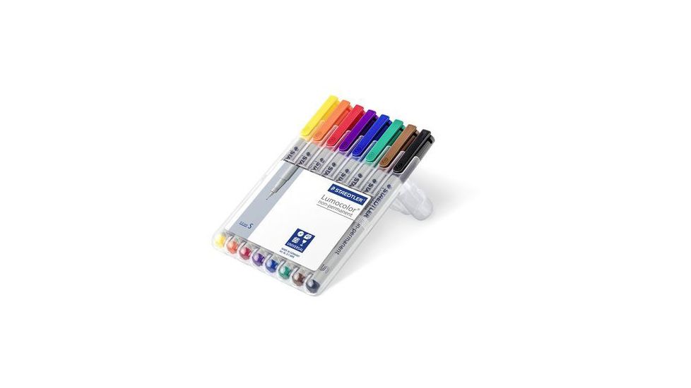 Staedtler Lumocolor Non-Permanent Superfine Pen Pack - 8 Colors w/ Stand-Up Box - Yellow, Red, Blue, Orange, Green, Purple, Brown, Black ST 311 WP8