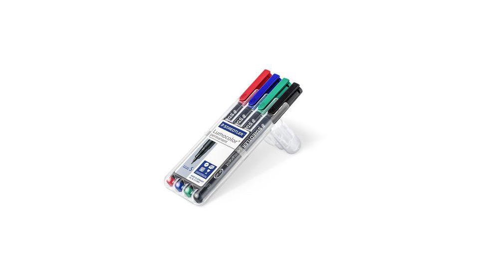 Staedtler Lumocolor Permanent Superfine Pen Pack - 4 Colors w/ Stand-Up Box - Red, Blue, Green, Black ST 313 WP4