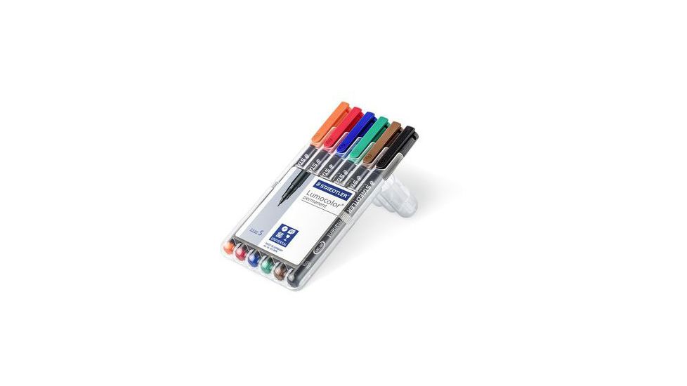Staedtler Lumocolor Permanent Superfine Pen Pack - 6 Colors w/ Stand-Up Box - Red, Blue, Orange, Green, Brown, Black ST 313 WP6