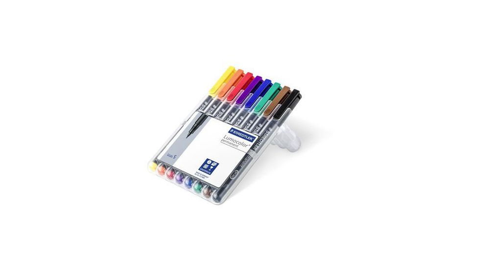 Staedtler Lumocolor Permanent Superfine Pen Pack - 8 Colors w/ Stand-Up Box - Yellow, Red, Blue, Orange, Green, Purple, Brown, Black ST 313 WP8