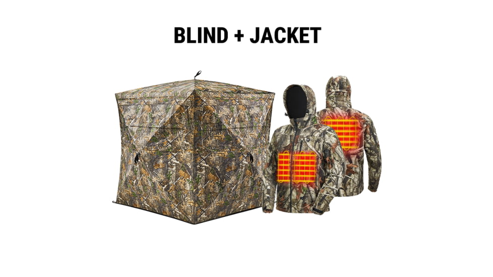 Tidewe VisX/VisMax See Through Hunting Blind and Mens Soft Shell Heated Jacket Coat with Detachable Hood and Battery Pack Bundle, BL001-CG-V2-TE-JTC001-BKS-TE
