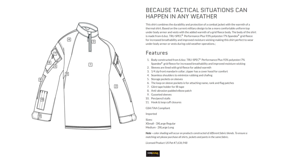 Tru-Spec T.R.U. 1/4 Zip Winter Combat Shirt - Mens, 65/35 Polyester/Cotton Rip-Stop, Black, Small Regular 2588003