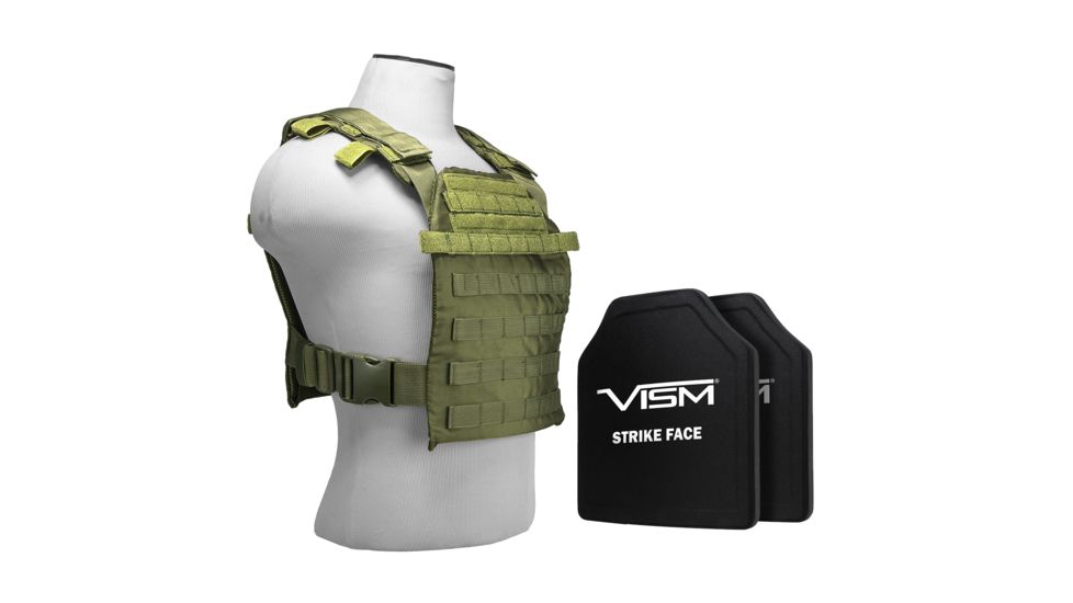 Vism Fast Plate Carrier w/2 10x12in Level III and PE Shooters Cut Hard Ballistic Plates, Green BPCVPCF2995G-A