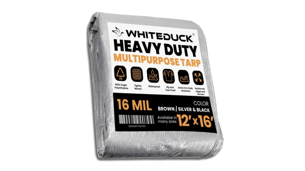 White Duck Super Heavy Duty Poly Tarp, Silver/Black, 12x16ft, PT-12x16-SB