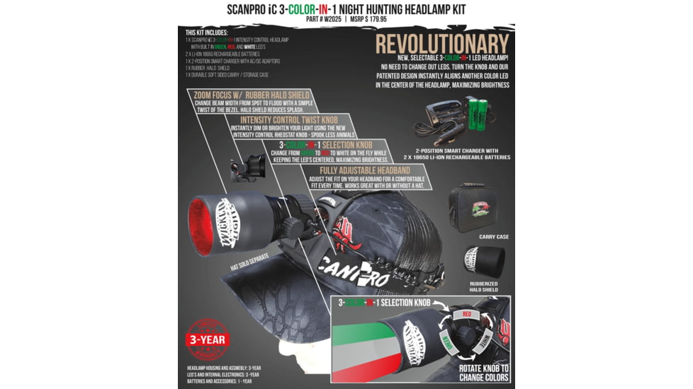 Wicked Hunting Lights ScanPro iC 3-Color-In-1 Night Hunting Headlamp Kit, Green/Red/White, W2025